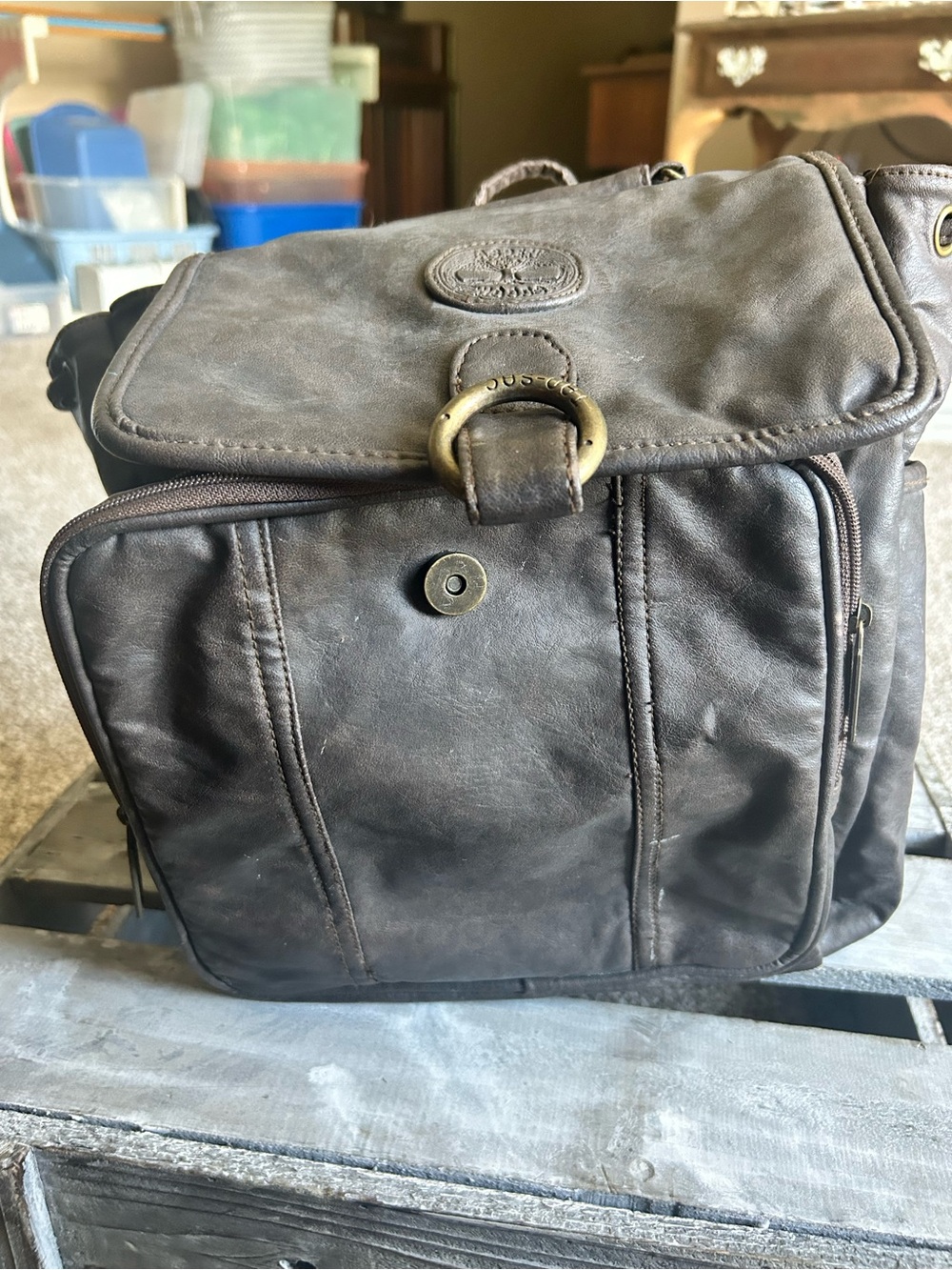 Dark Brown Leather Messenger Bag with Brass Hardware vintage backpack style